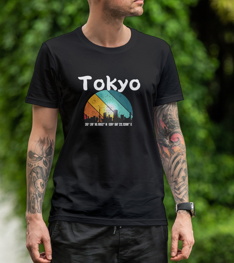Tokyo Coordinates 35°39'10.1952 N 139°50'22.1208 E Skyline Vintage Rainbow T-Shirt