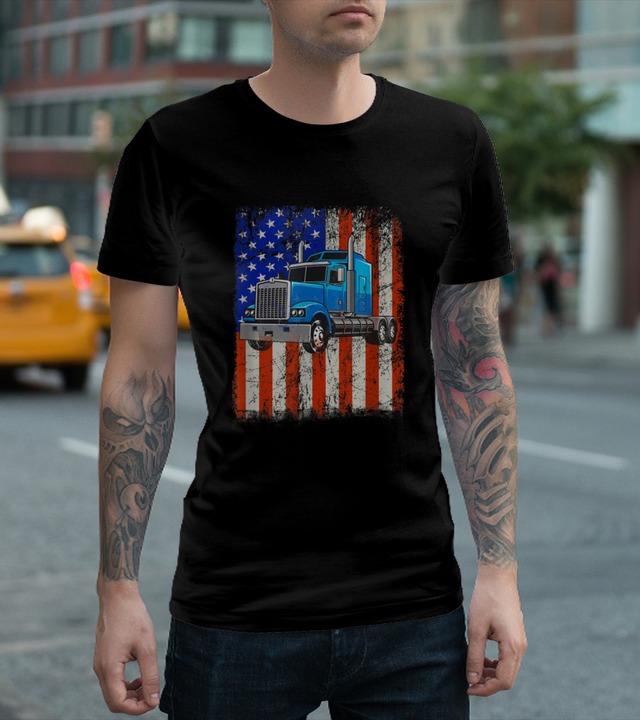 American Flag Blue Truck Driver Proud Trucker 303 T-Shirt