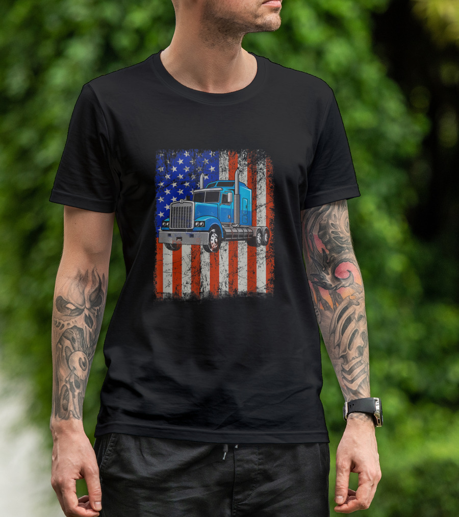 American Flag Blue Truck Driver Proud Trucker 303 T-Shirt