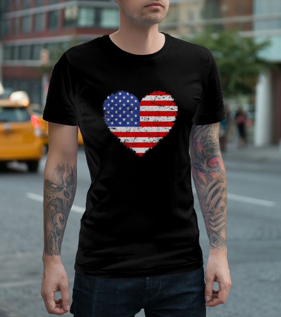 Usa Flag Heart 4Th July Red White Blue Stars Stripes Patriotic T-Shirt
