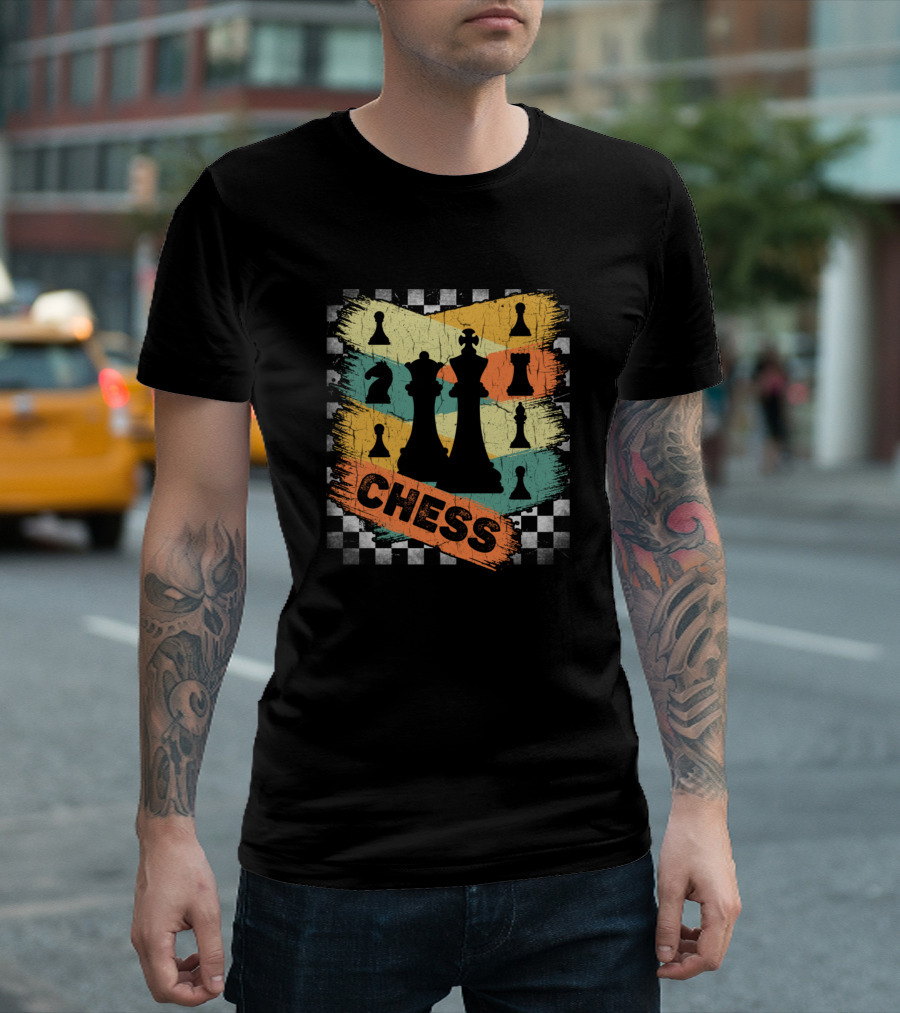 Vintage Retro Chess Silhouettes on Distressed Checkered Background T-Shirt