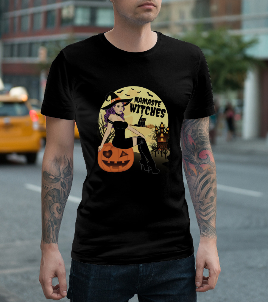 Namaste Witches Halloween Witch with Pumpkin and Cat T-Shirt