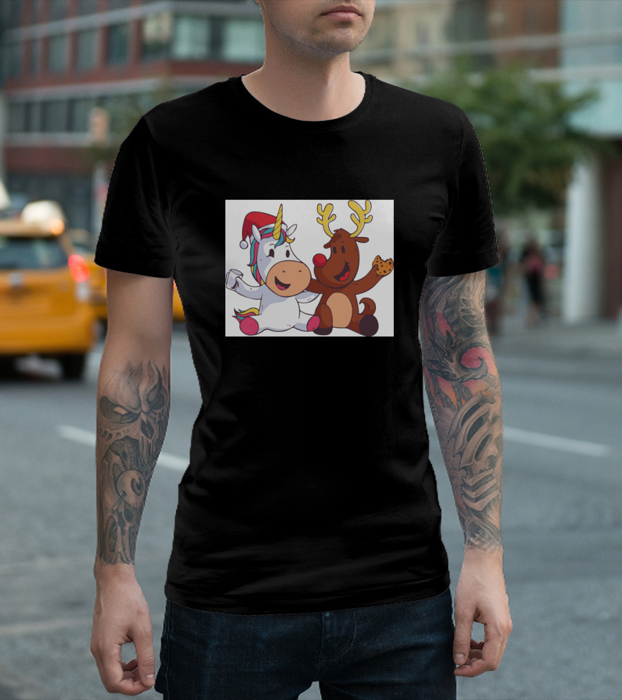 Unicorn and Reindeer Holiday Fun with Cookie and Coffee T-Shirt