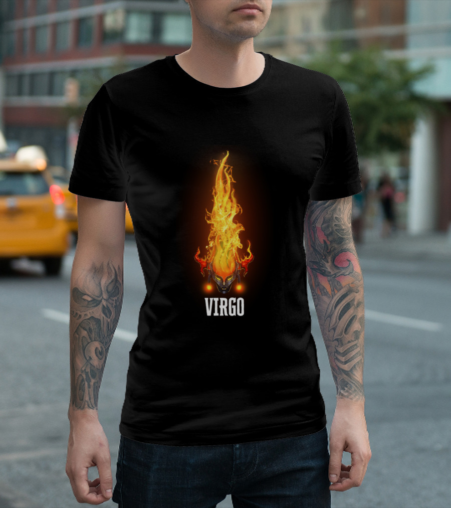 Virgo Zodiac Sign with Flames and Skull Mask T-Shirt