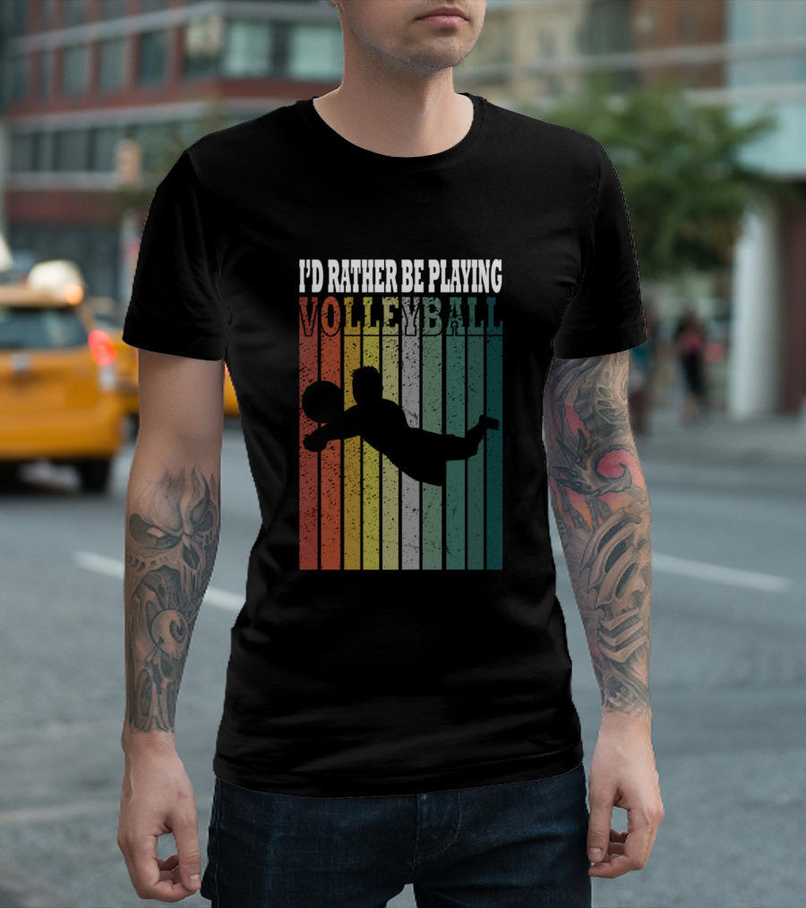 I'd Rather Be Playing Volleyball Silhouette Retro Stripes T-Shirt