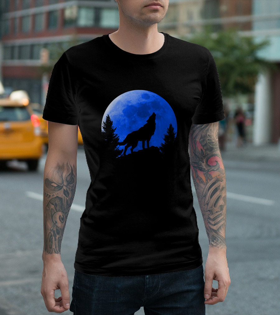 Wolf Howling Silhouette Blue Moon Wild Life Forest T-Shirt