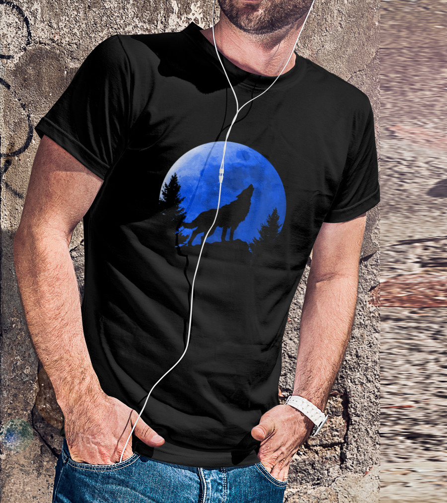 Wolf Howling Silhouette Blue Moon Wild Life Forest T-Shirt