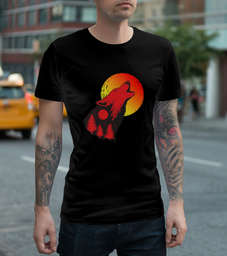 Wolf Howling at Bright Red Moon with Forest Silhouette Wild Life T-Shirt