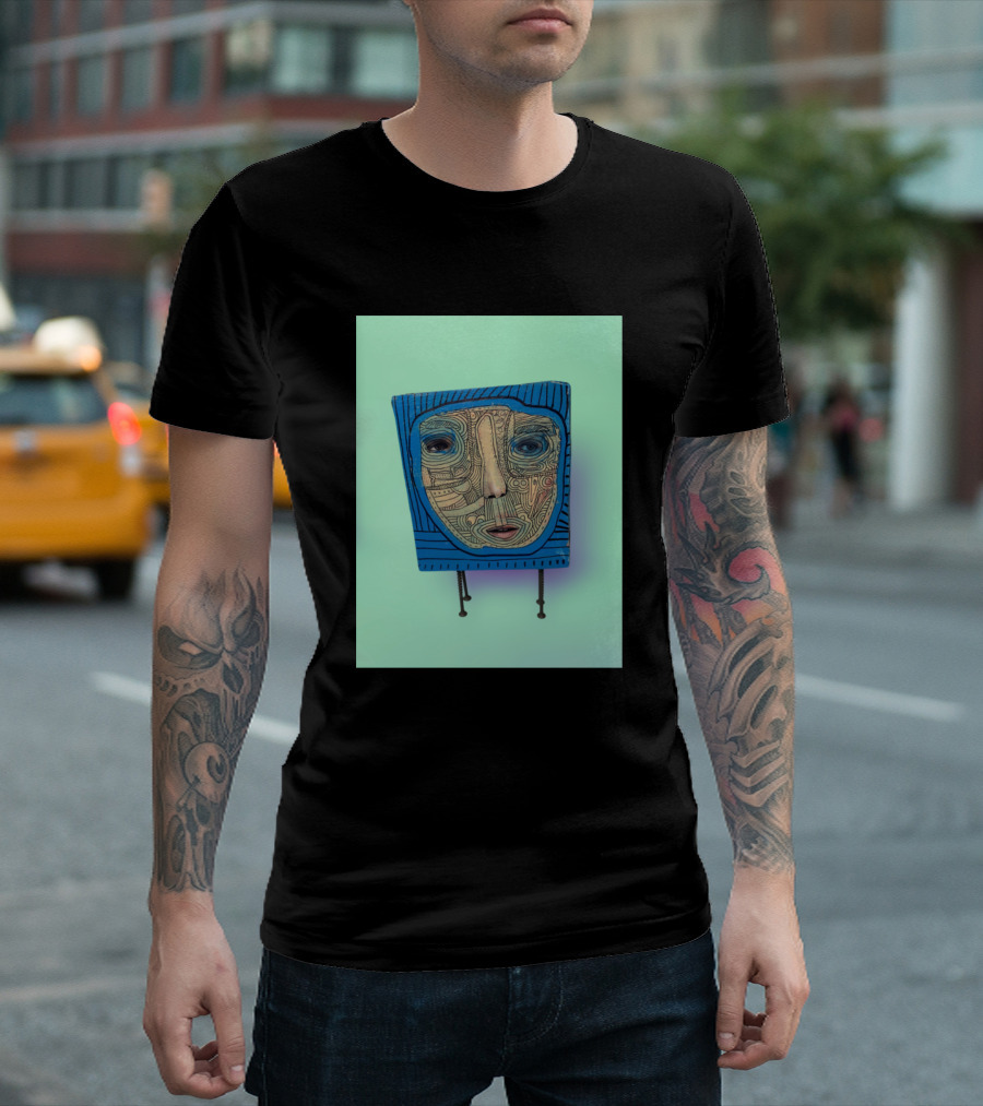 Wood Human Artistic Face Sculpture with Blue Frame T-Shirt