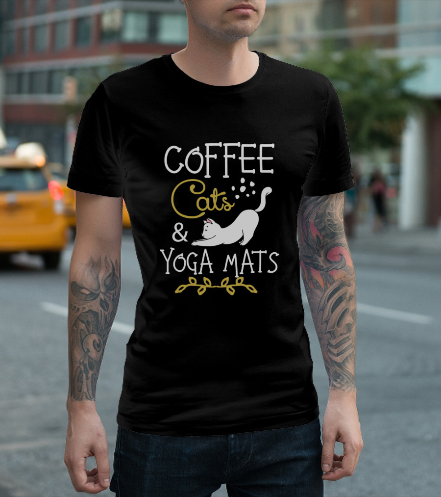 Coffee Cats and Yoga Mats Namaste Meditate T-Shirt