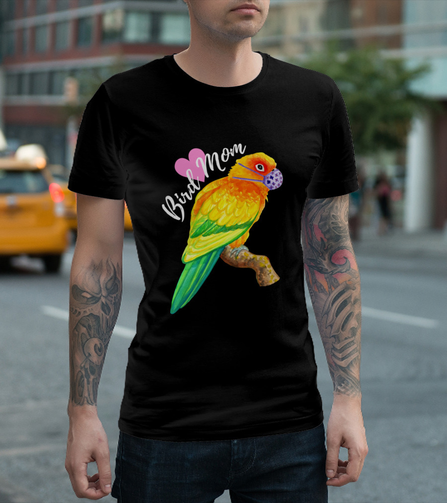 Bird Mom Sun Conure Wears Mask Heart T-Shirt