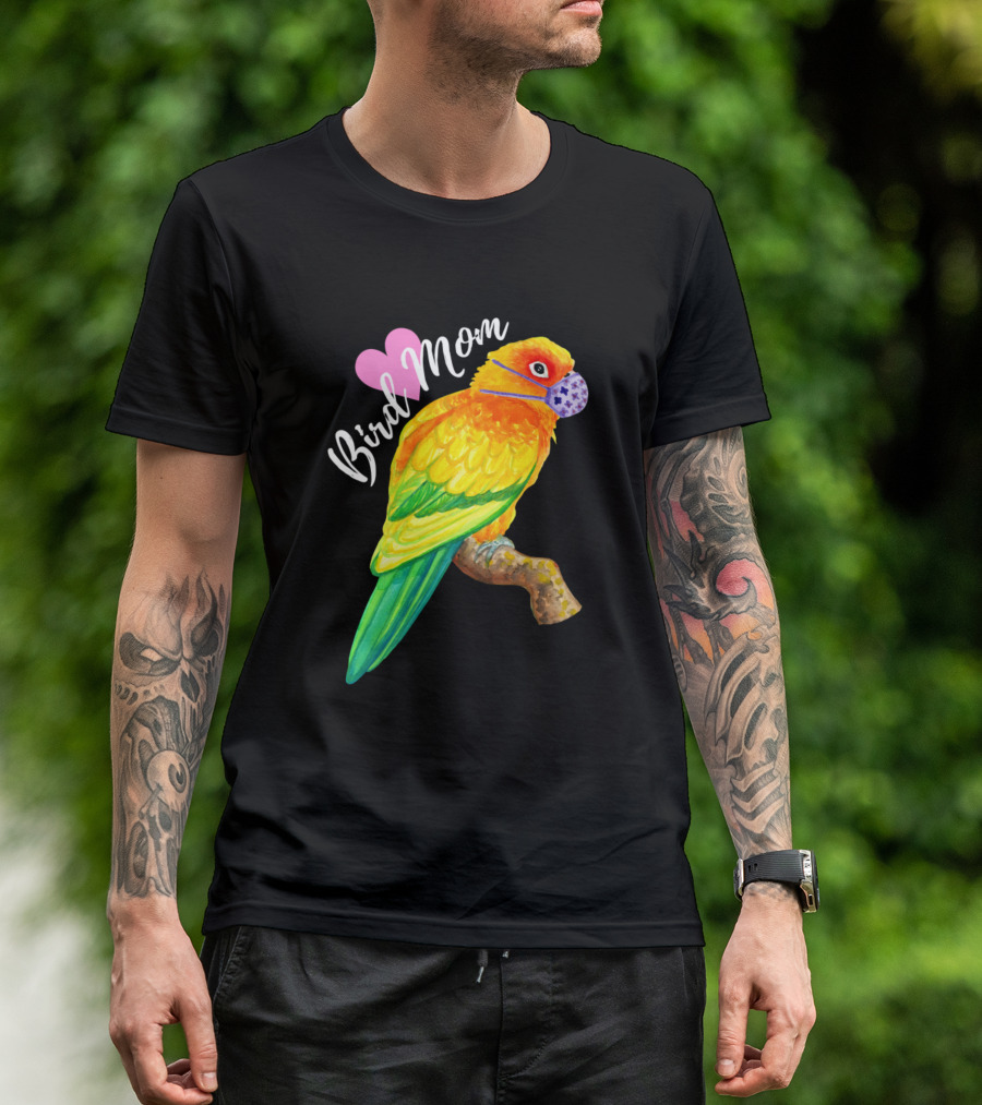 Bird Mom Sun Conure Wears Mask Heart T-Shirt