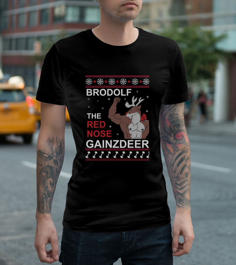Brodolf The Red Nose Gainzdeer Snowflakes Muscular Reindeer Flexing with Dumbbells T-Shirt