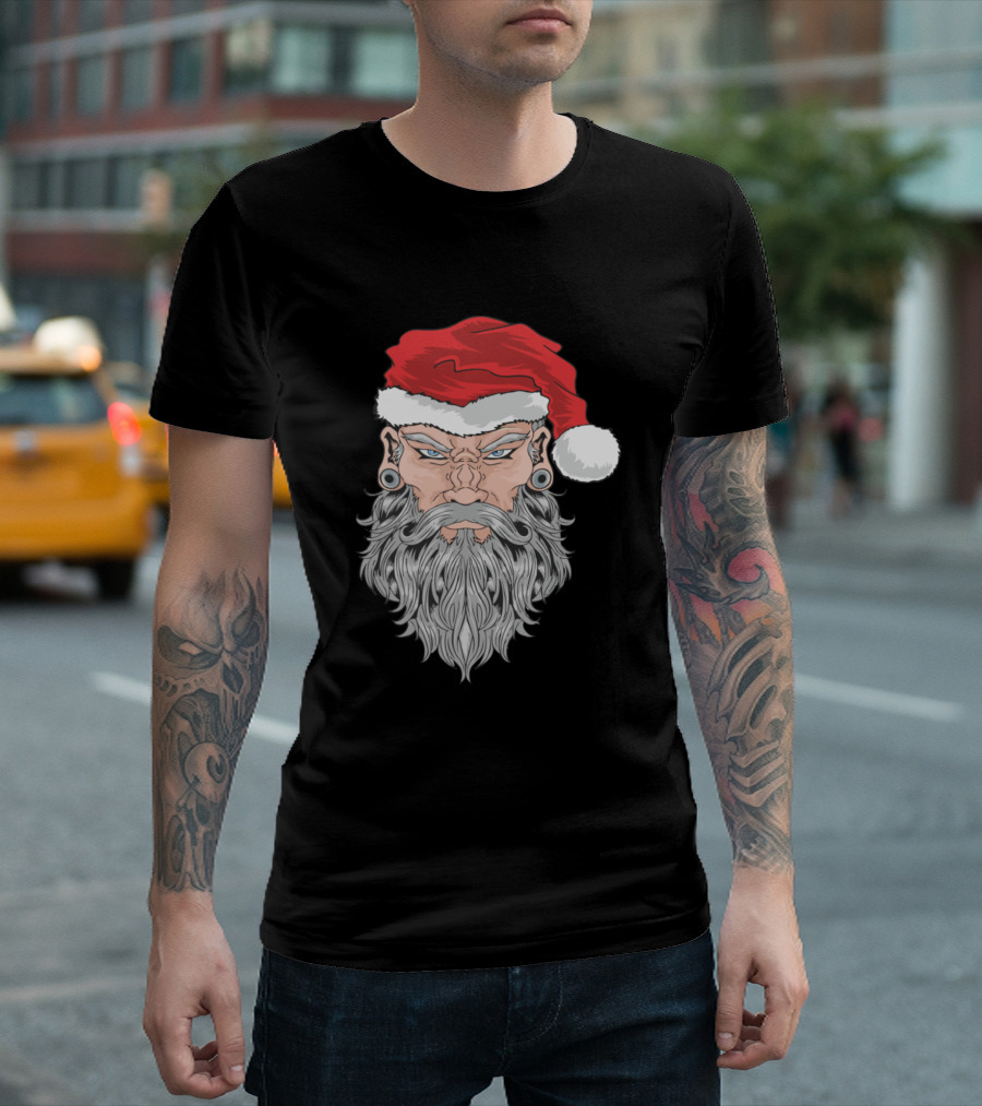 Classy Santa Claus Stylish Tattoo Art Santa Hat Rugged Beard T-Shirt