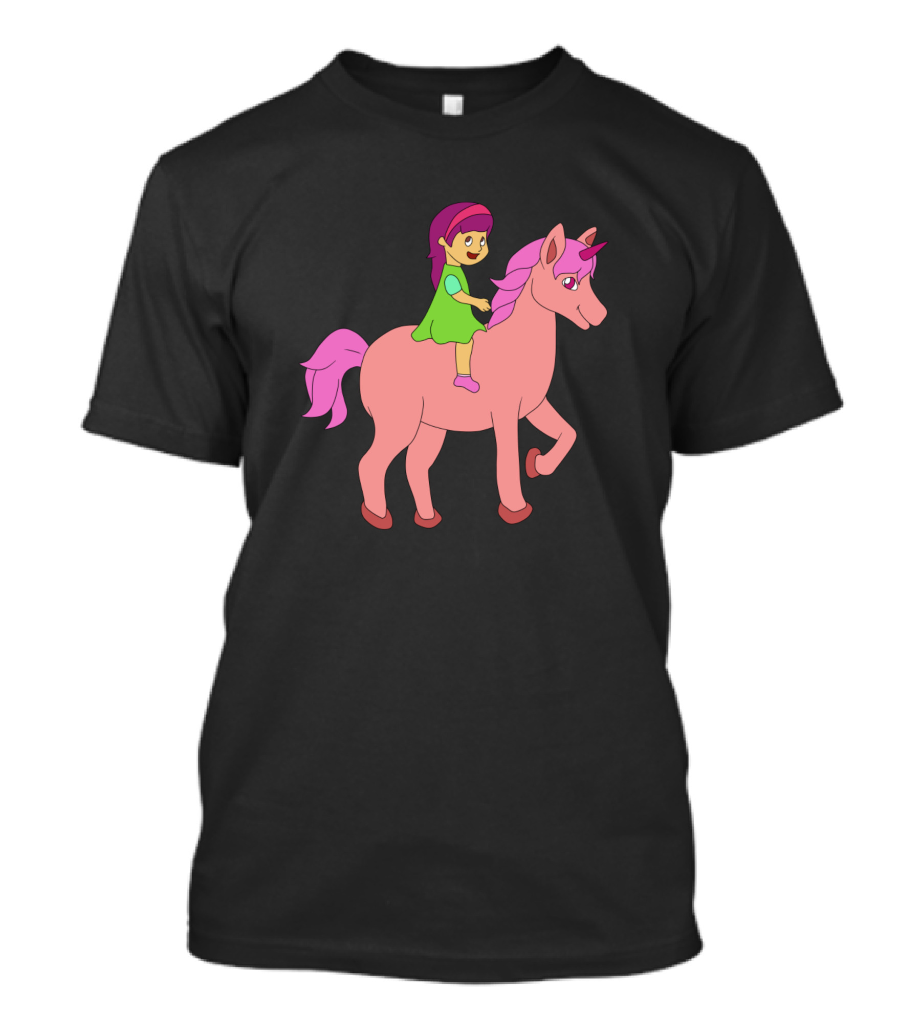 Colourful Unicorn Rainbow Rider Girl In Green Dress T-Shirt