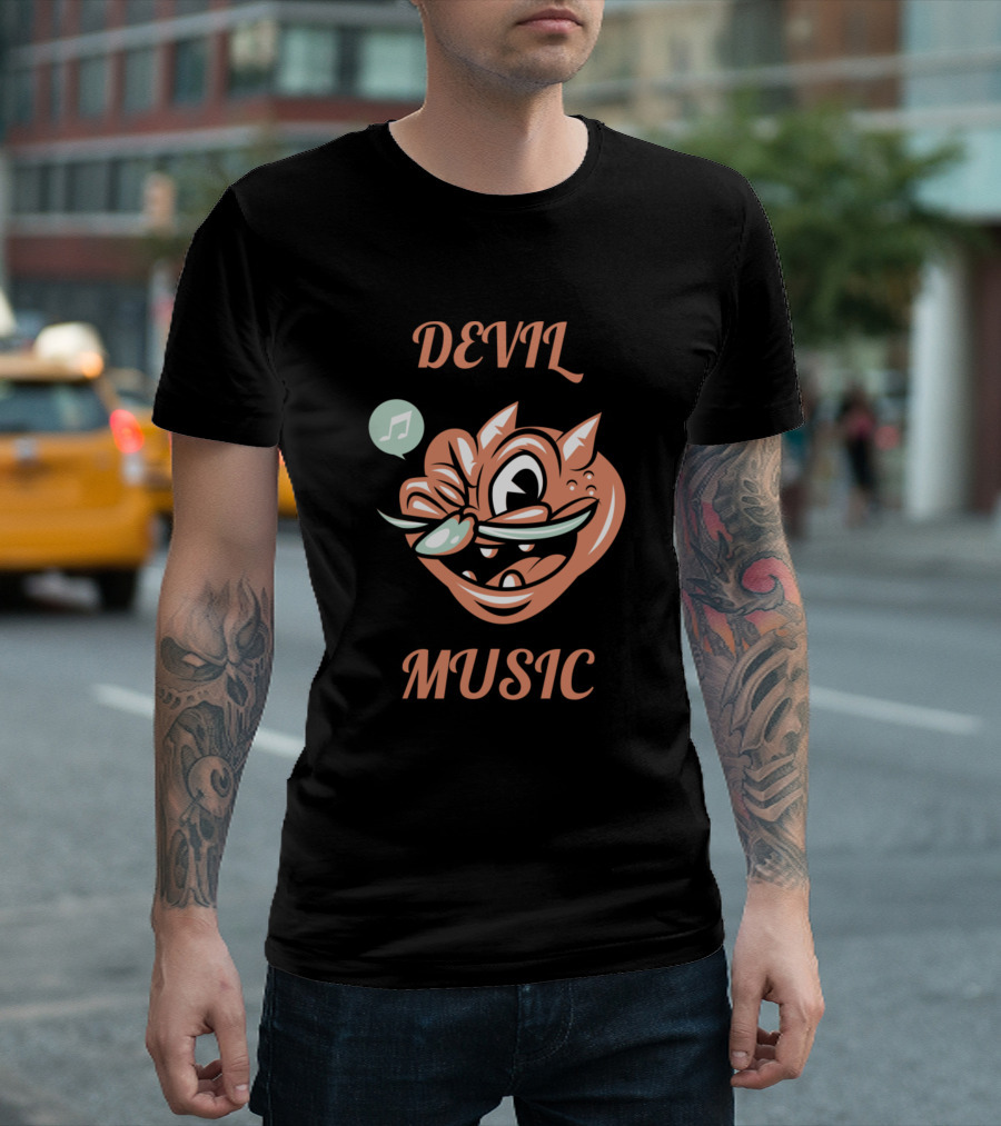 DEVIL MUSIC Funny Cartoon Devil with Music Note T-Shirt