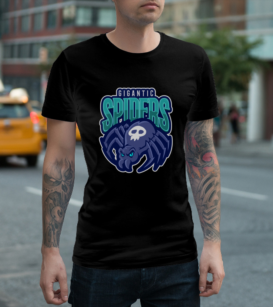 GIGANTIC SPIDERS Skull Logo with Blue and Green Accents T-Shirt