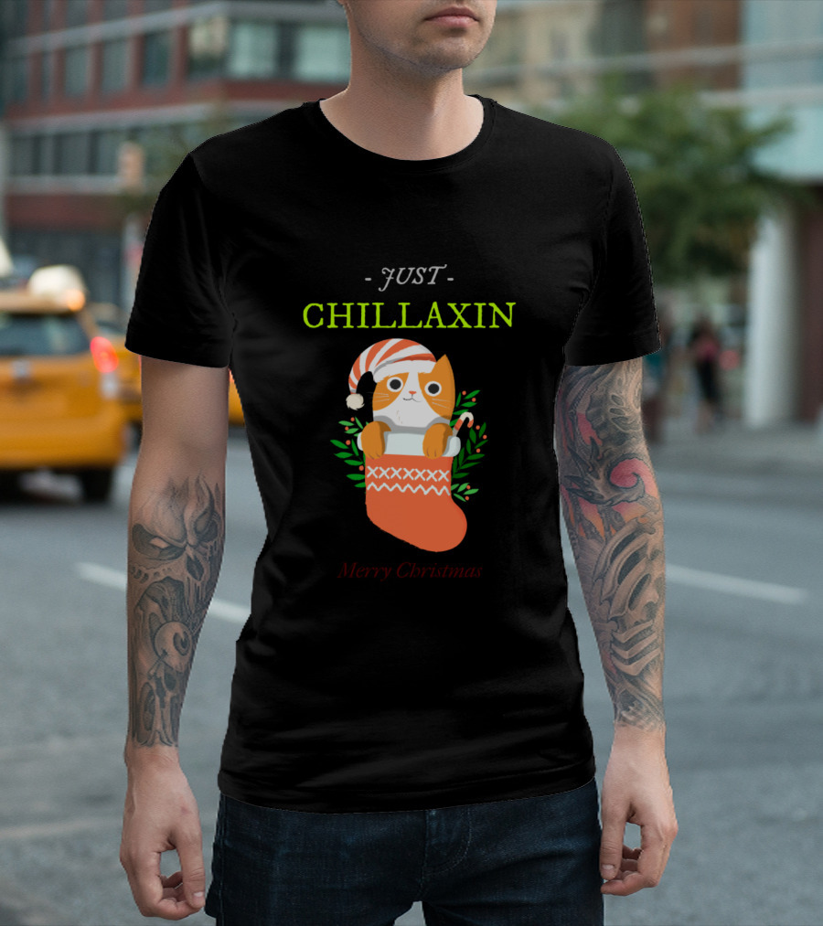 Just Chillaxin Merry Christmas Cat in Stocking T-Shirt