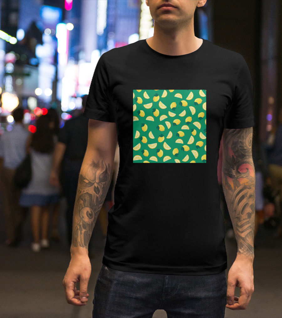 Lemon Fruit Pattern Print Background Present Green Lemons Slices T-Shirt