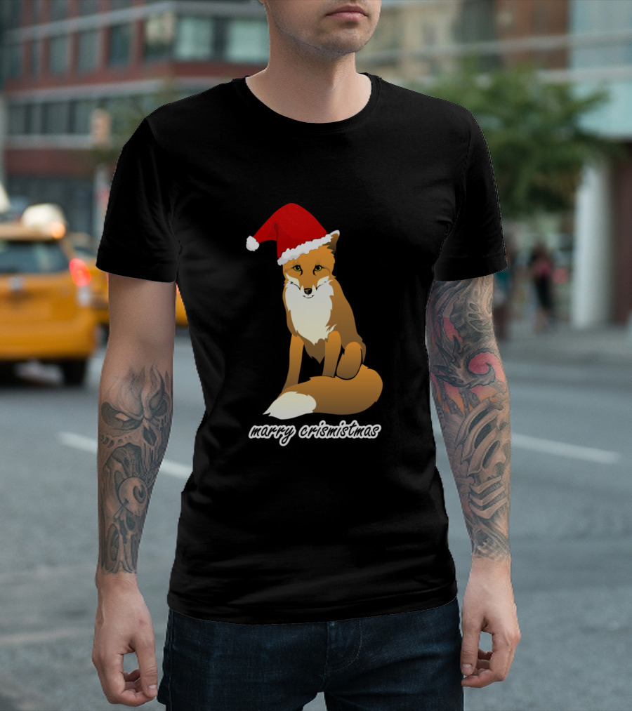 Marry Crismistmas Fox Wearing Santa Hat T-Shirt