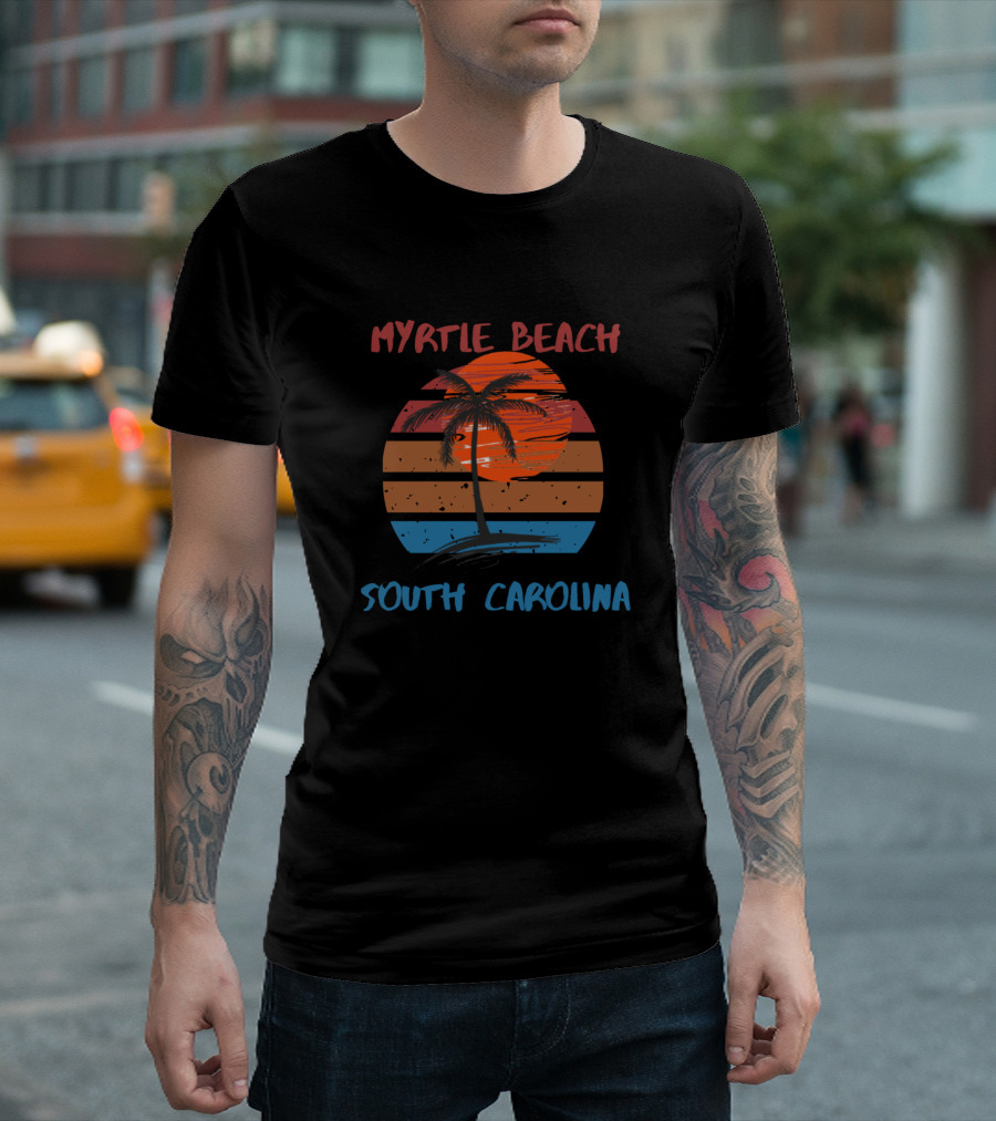 Myrtle Beach South Carolina Vintage Sunset Palm Tree Stripes T-Shirt
