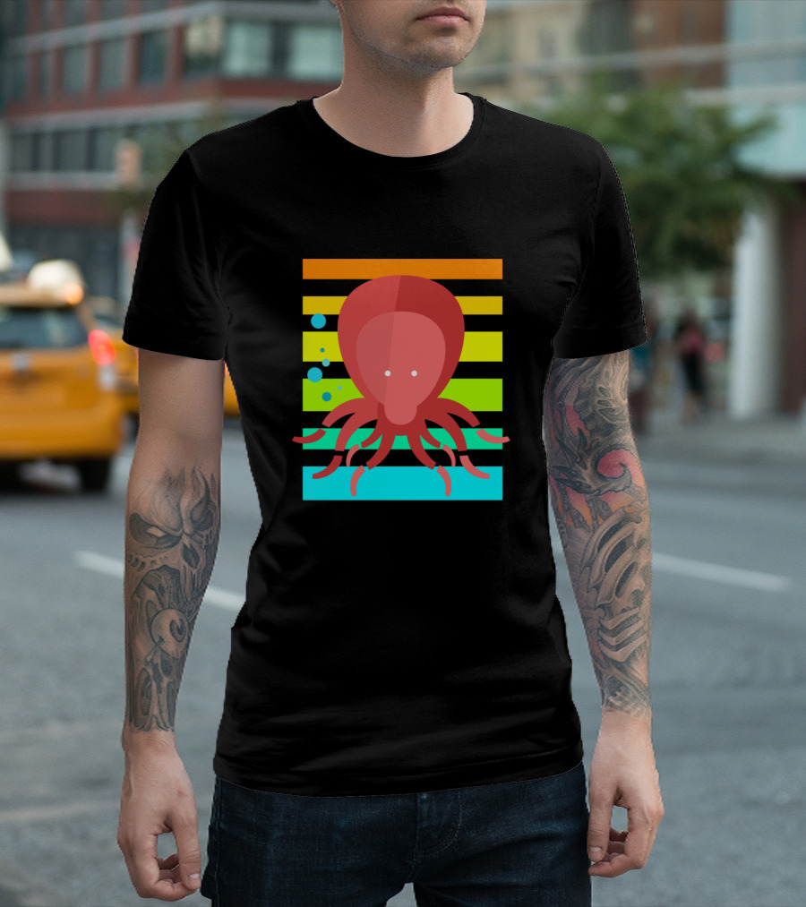Octopus Sunset Retro Stripes Ocean Bubbles T-Shirt