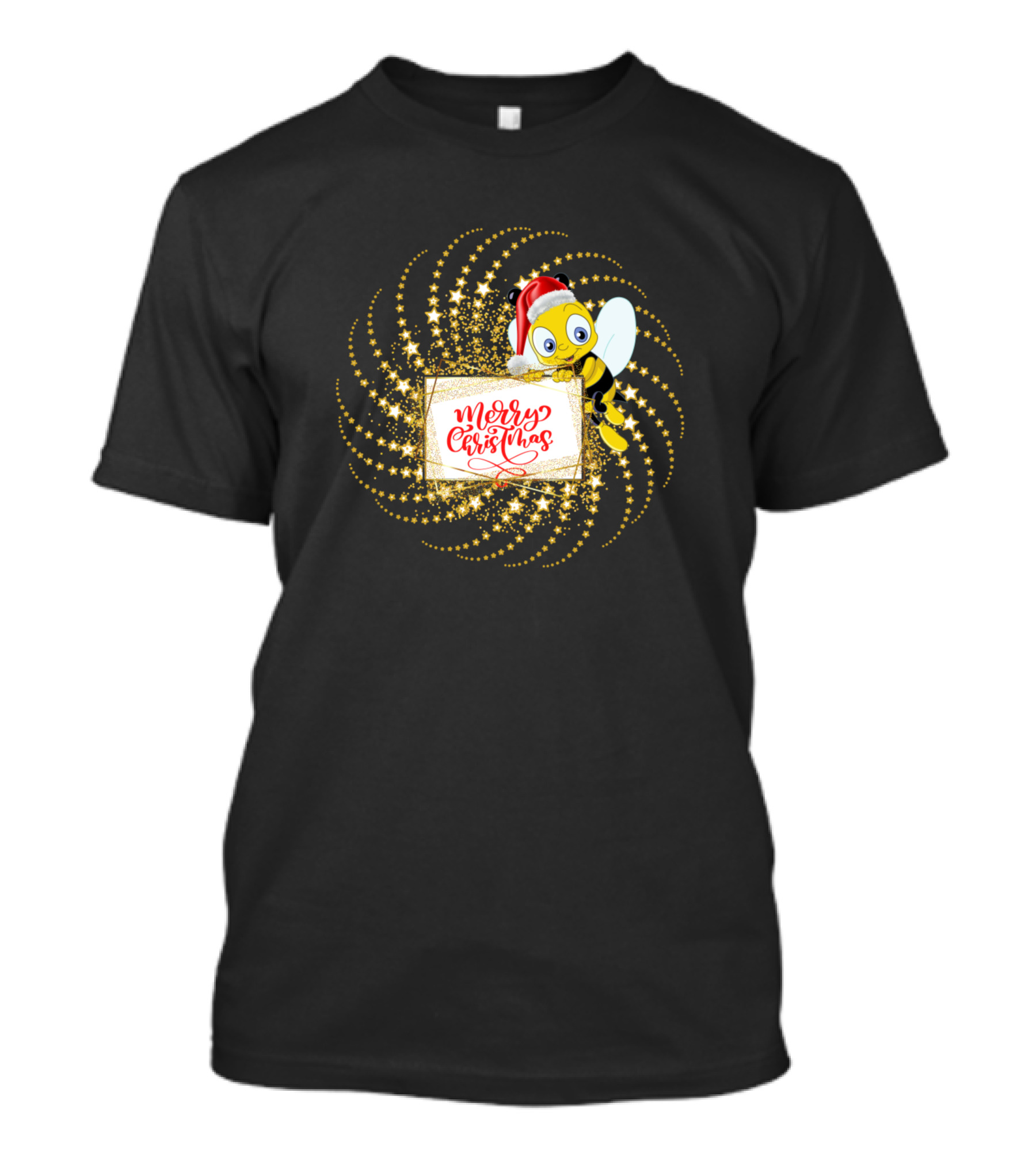 Merry Christmas Bee Santa Hat Sparkle Stars T-Shirt