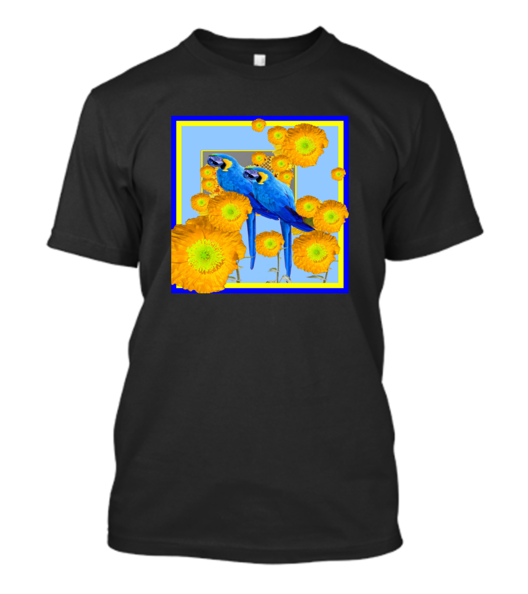 Poppy Parrots Blue And Yellow Macaws Among Bright Flowers T-Shirt