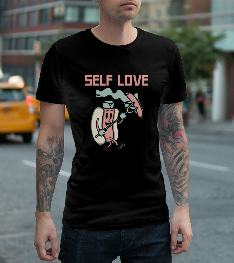 Self Love Cartoon Hot Dog Grilling Funny T-Shirt