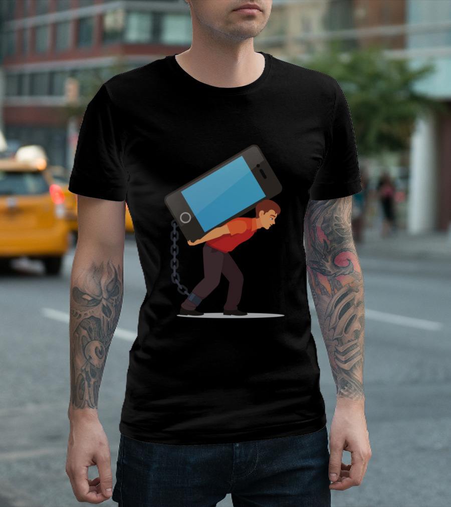 Bended Man Carrying Heavy Mobile Phone Addiction Burden T-Shirt