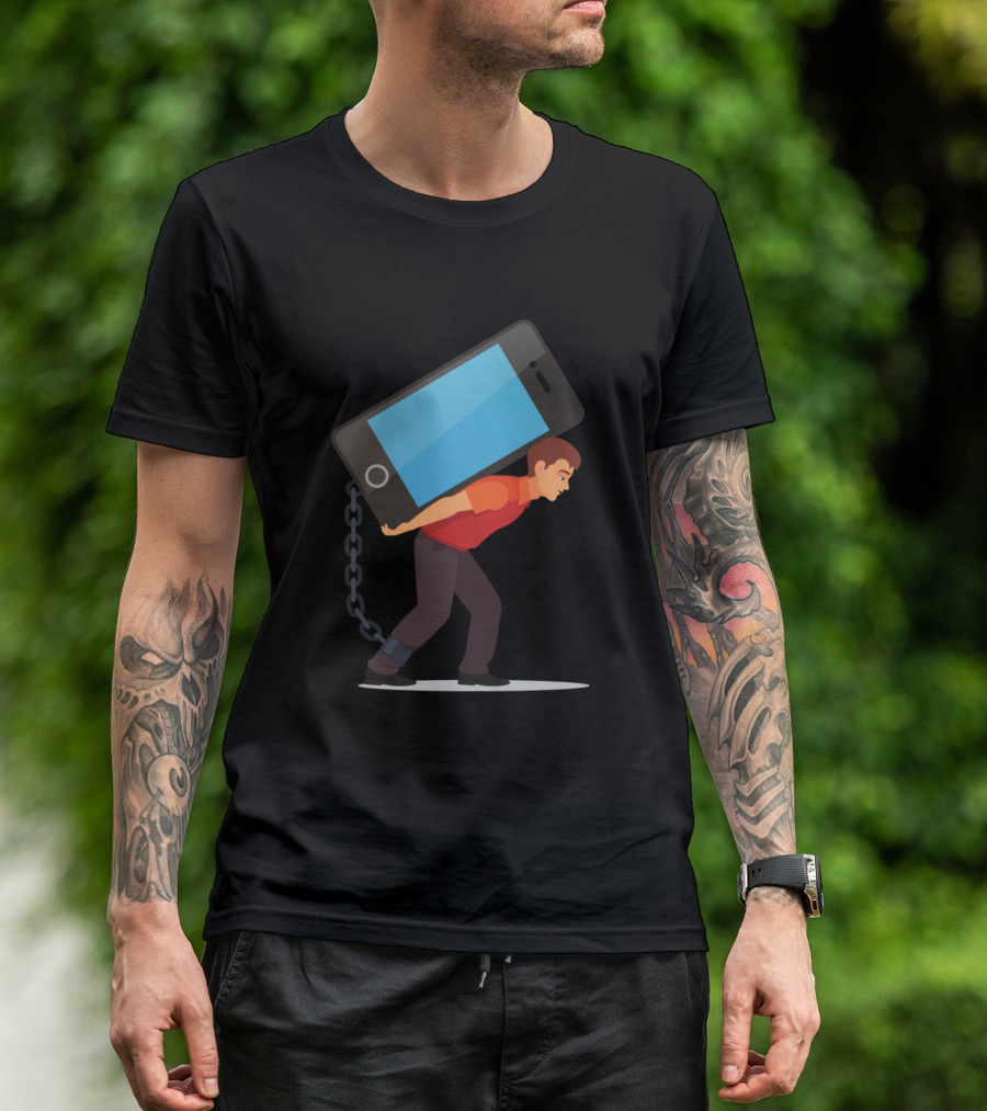 Bended Man Carrying Heavy Mobile Phone Addiction Burden T-Shirt
