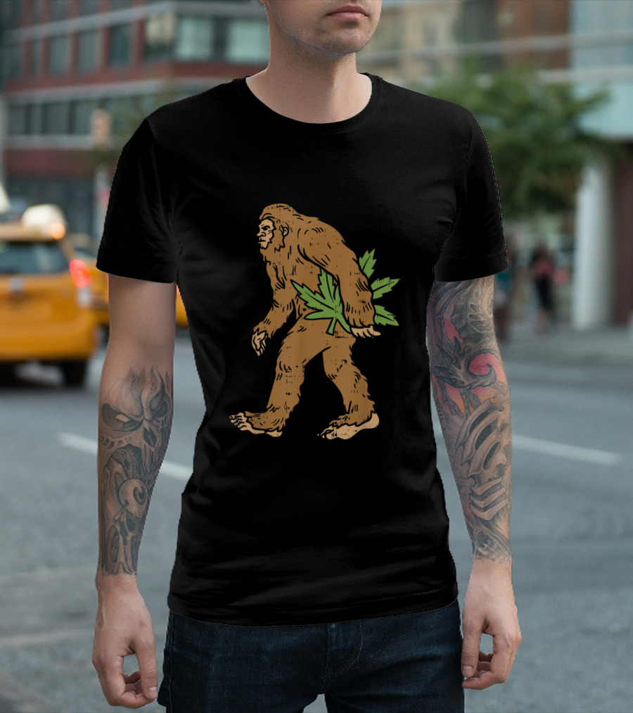 Bigfoot Carrying Weed Leaf Funny Cannabis T-Shirt