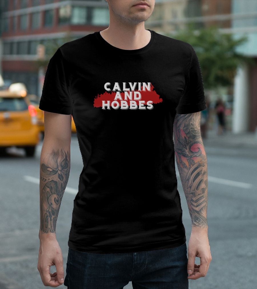 Calvin And Hobbes Text with Red Brushstroke Background T-Shirt