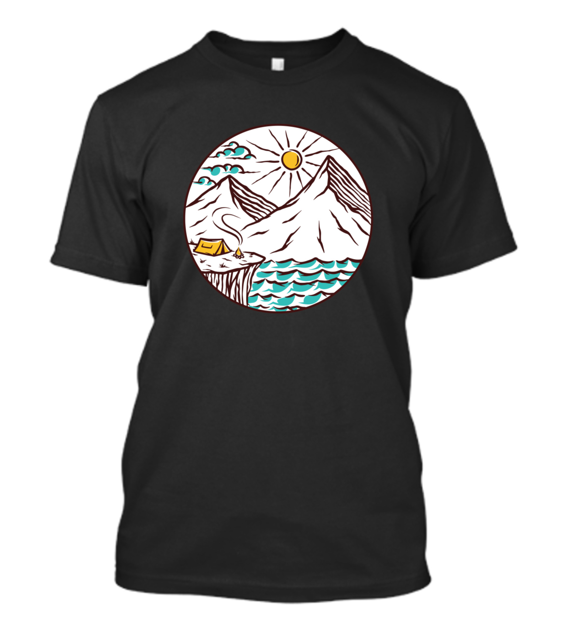 Camping End Island Sun Mountain Ocean Cliff Tent Scene T-Shirt