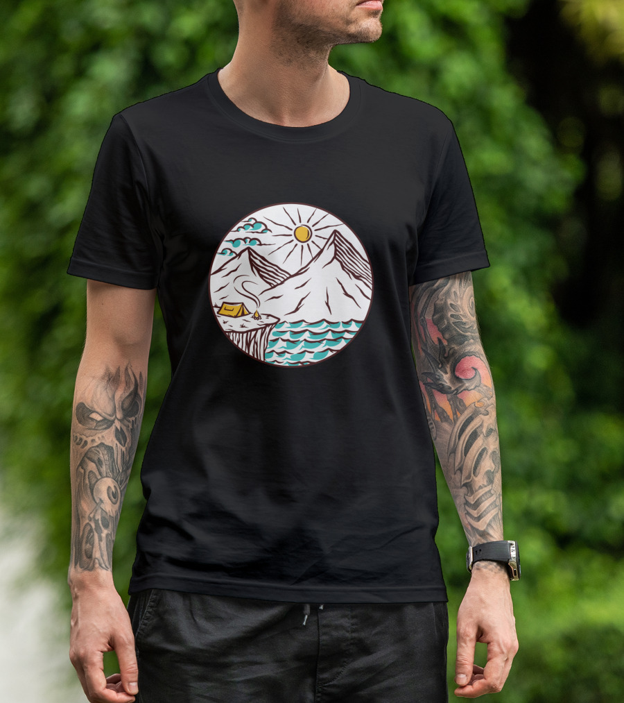 Camping End Island Sun Mountain Ocean Cliff Tent Scene T-Shirt