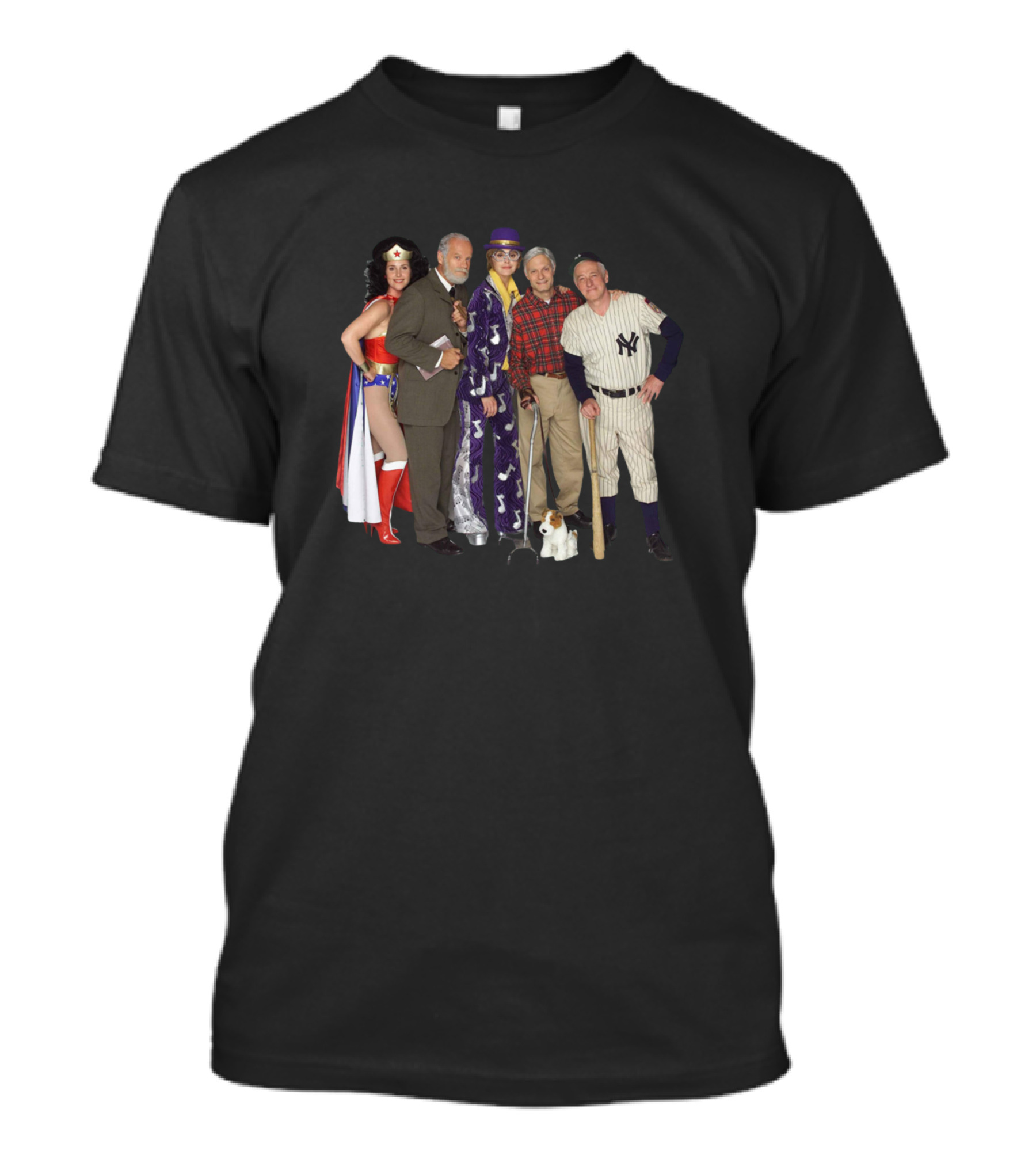 Frasier Cast In Iconic Costumes Featuring Wonder Woman And Yankees Uniform T-Shirt