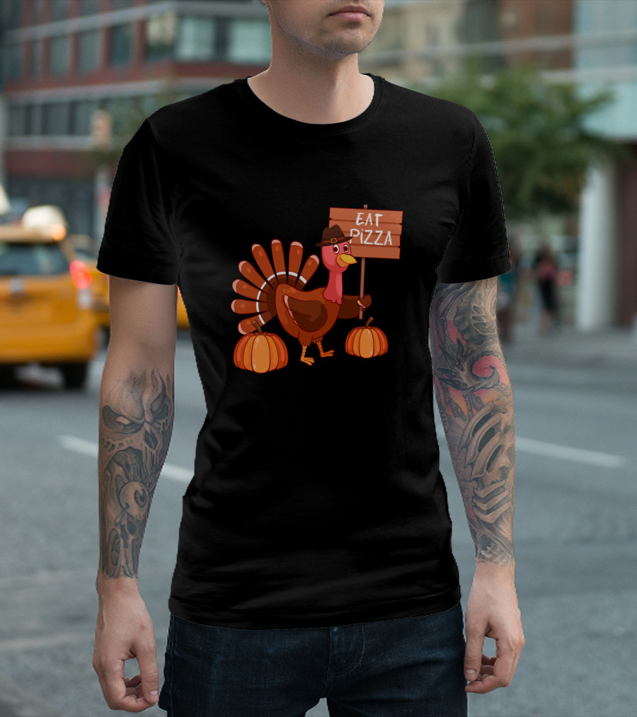 Thanksgiving Turkey Holding Eat Pizza Sign with Pumpkins T-Shirt