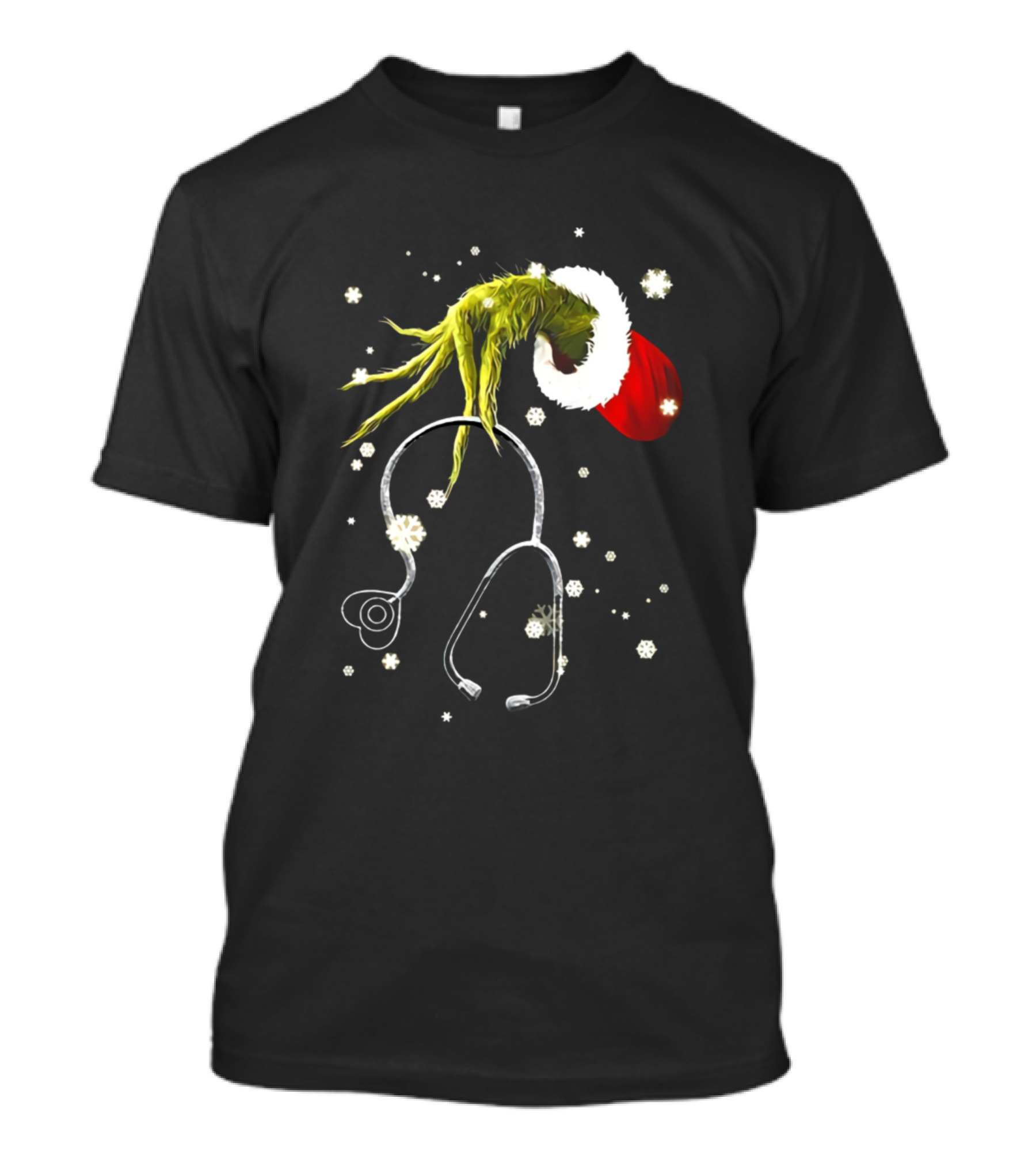 Grinch Christmas Santa Hat Stethoscope Snowflakes T-Shirt