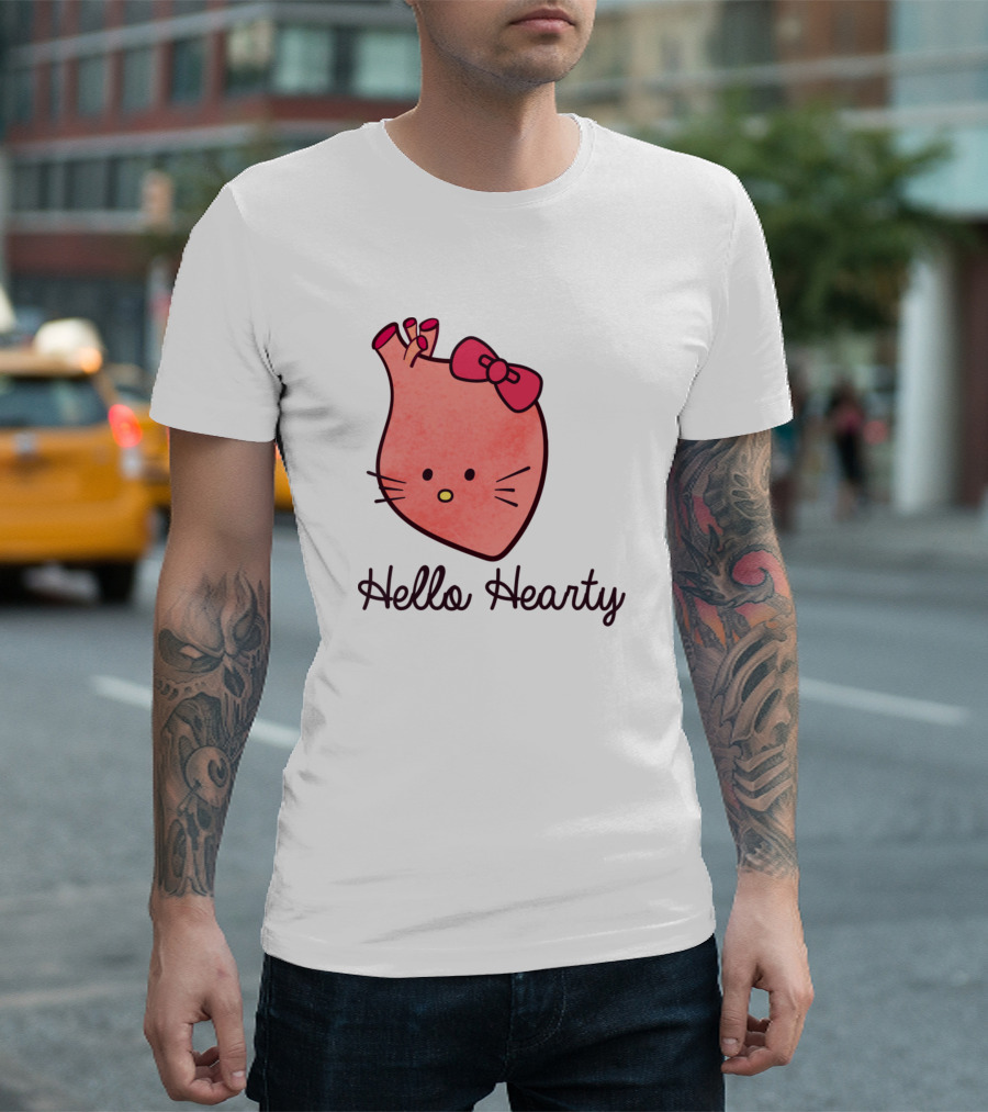 Hello Hearty Cute Heart Bow Whiskers Appreciation T-Shirt