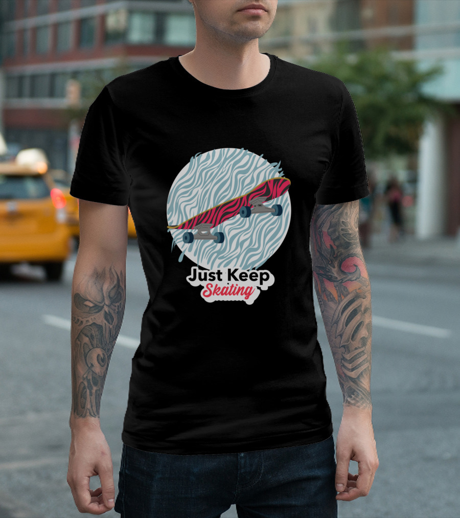 Just Keep Skating Skateboarding Tiger Print Board On Wave Background T-Shirt