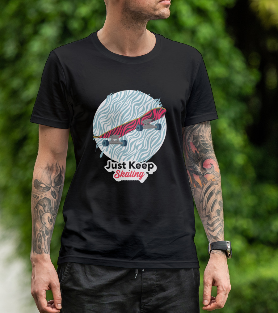 Just Keep Skating Skateboarding Tiger Print Board On Wave Background T-Shirt