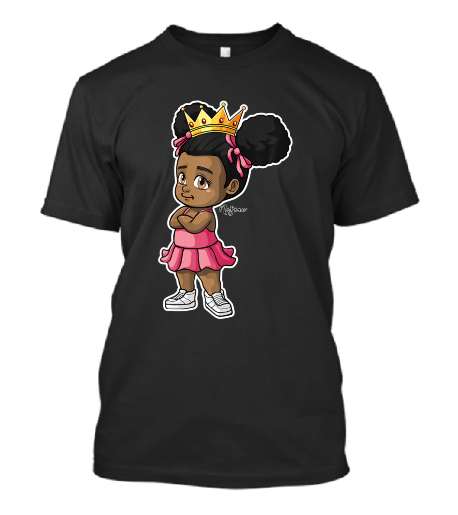 Melanin Black Baby Girl With Crown By Nosiac In Pink Dress And Sneakers T-Shirt