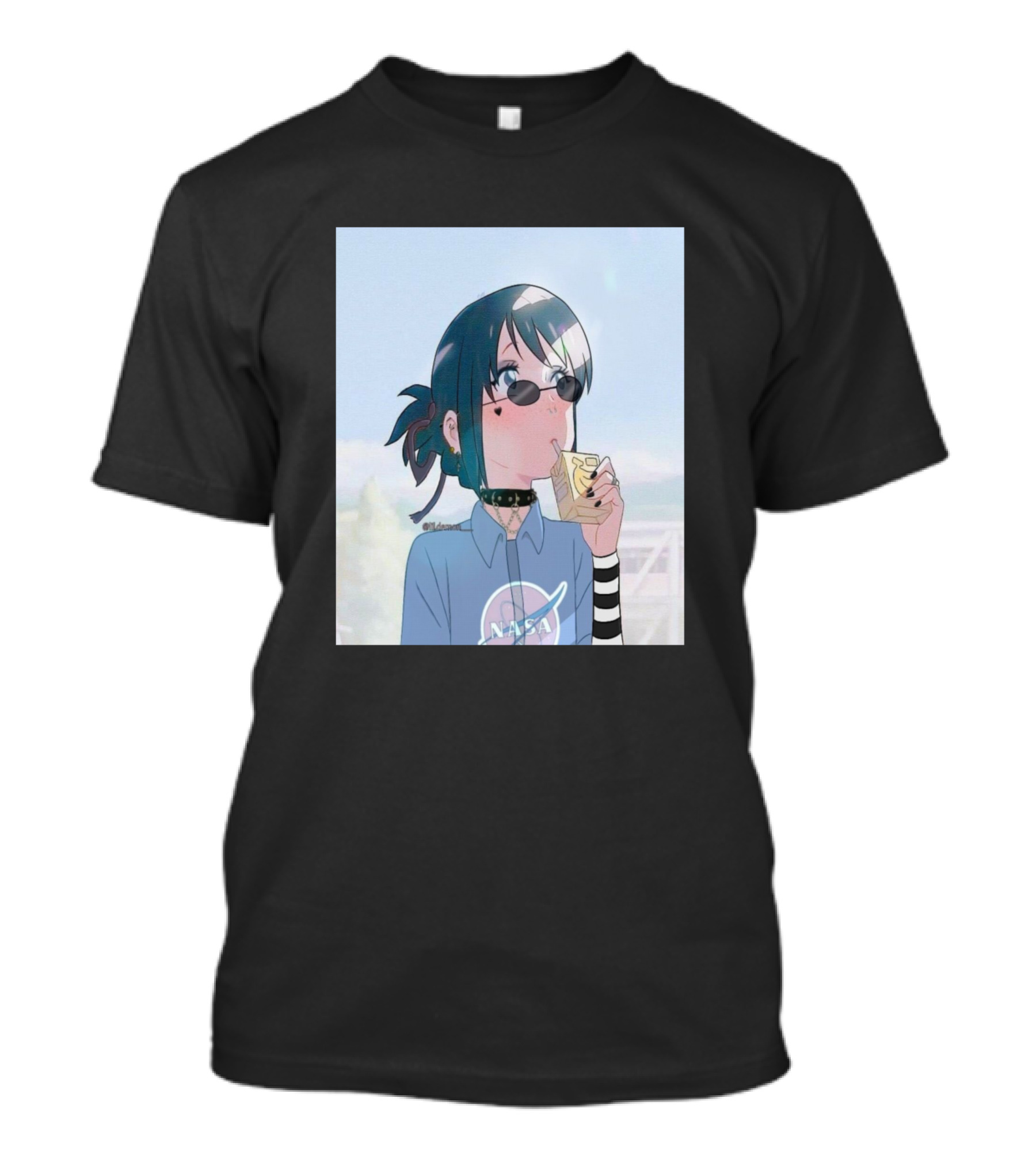 Mitsuha Miyamizu Anime Character Wearing NASA Shirt With Striped Sleeves And Sunglasses Eating Snack T-Shirt