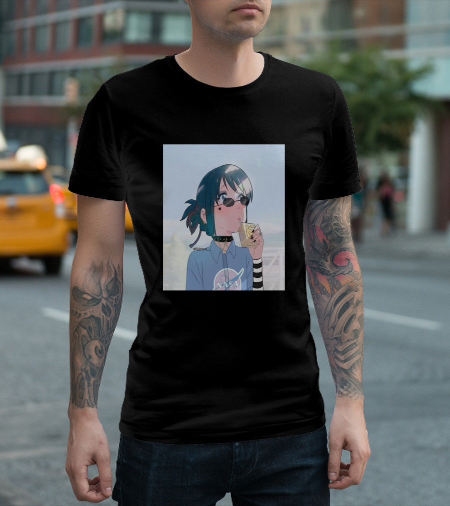 Mitsuha Miyamizu Anime Character Wearing NASA Shirt With Striped Sleeves And Sunglasses Eating Snack T-Shirt