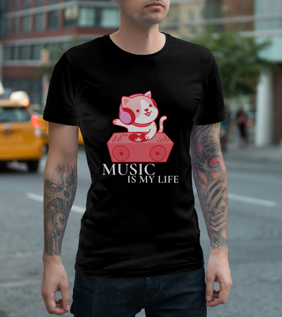 Music Is My Life Cat Animal Lover Kitty T-Shirt