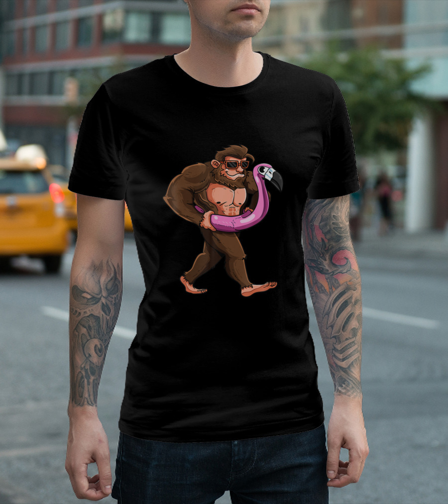 Pool Party Bigfoot Pink Flamingo Float Sasquatch T-Shirt