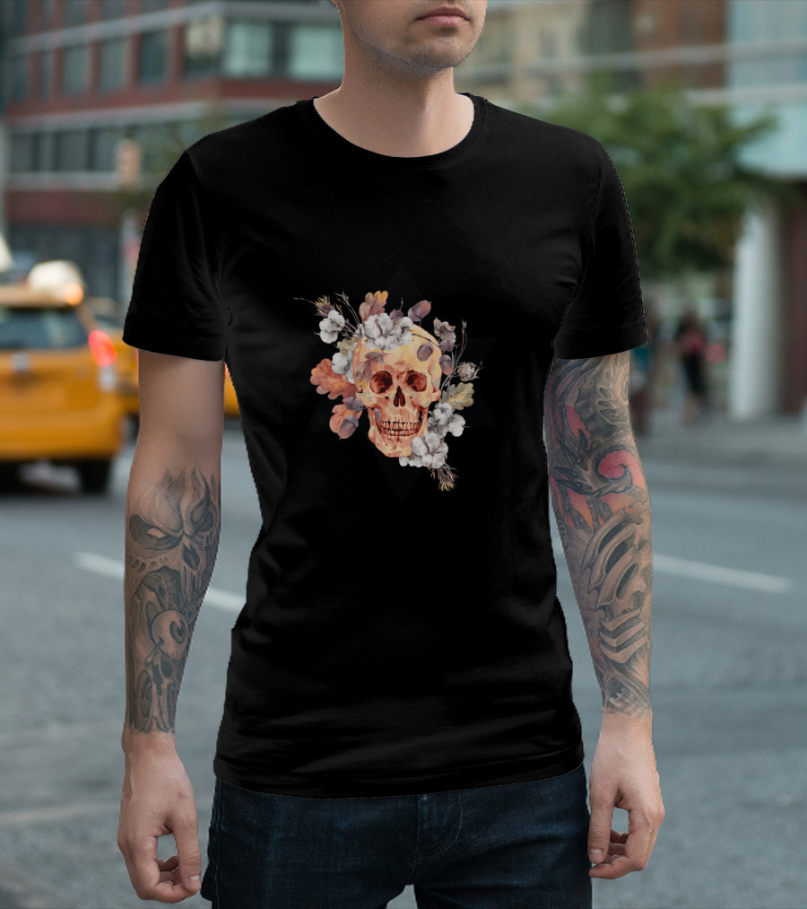 Skull With Floral Watercolor Boho Vibe T-Shirt