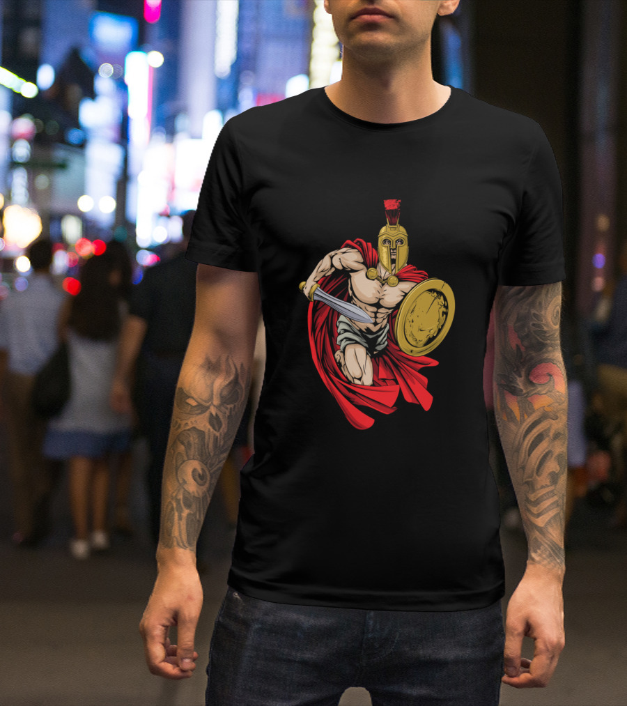 Spartan Warrior Charging With Sword And Shield In Red Cloak T-Shirt