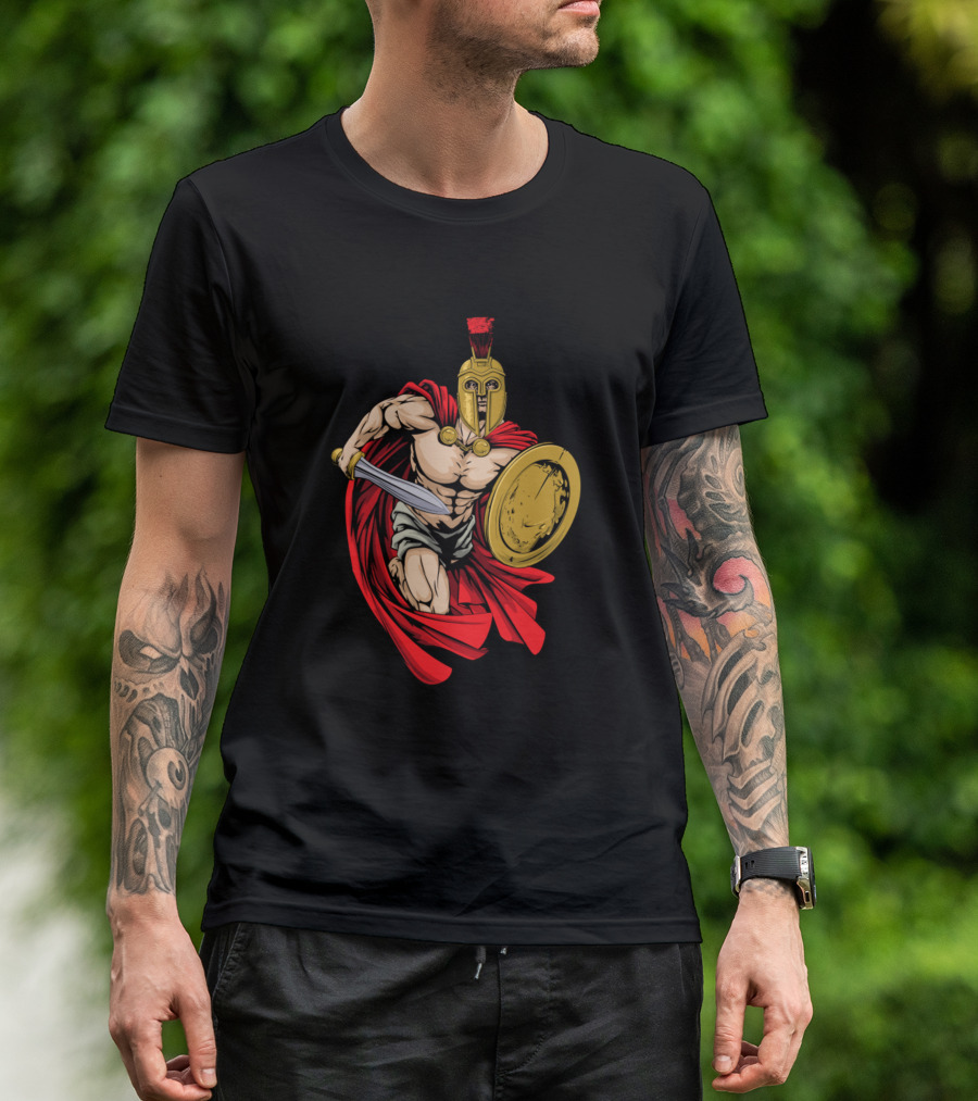 Spartan Warrior Charging With Sword And Shield In Red Cloak T-Shirt