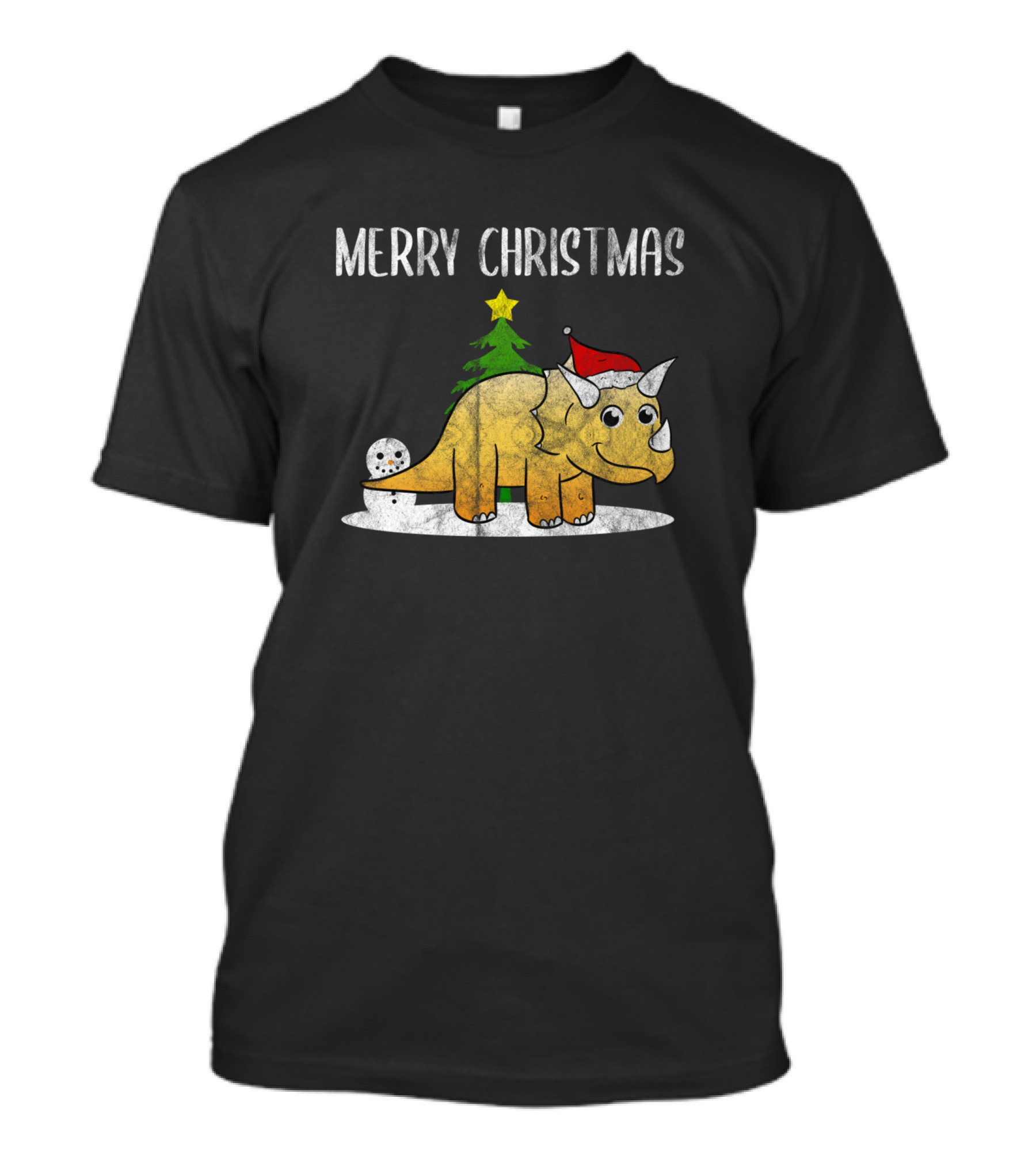 Merry Christmas Dino Triceratops Dinosaur Santa Hat Snowman Tree T-Shirt